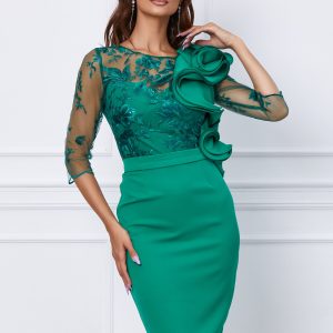 Rochie MBG verde cu dantela si volan maxi la bust