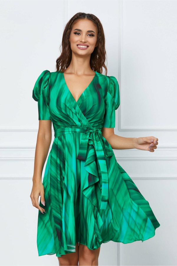 Rochie MBG verde cu imprimeuri si cordon in talie