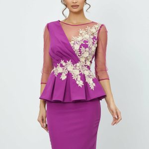 Rochie MBG violet cu broderie si peplum