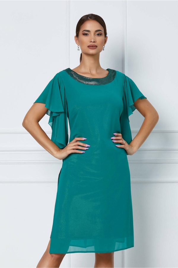 Rochie Melina verde deschis din lurex acoperit cu voal