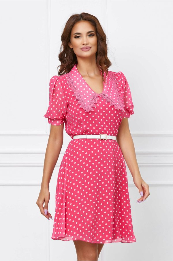Rochie Miley fucsia cu buline albe si guler mai