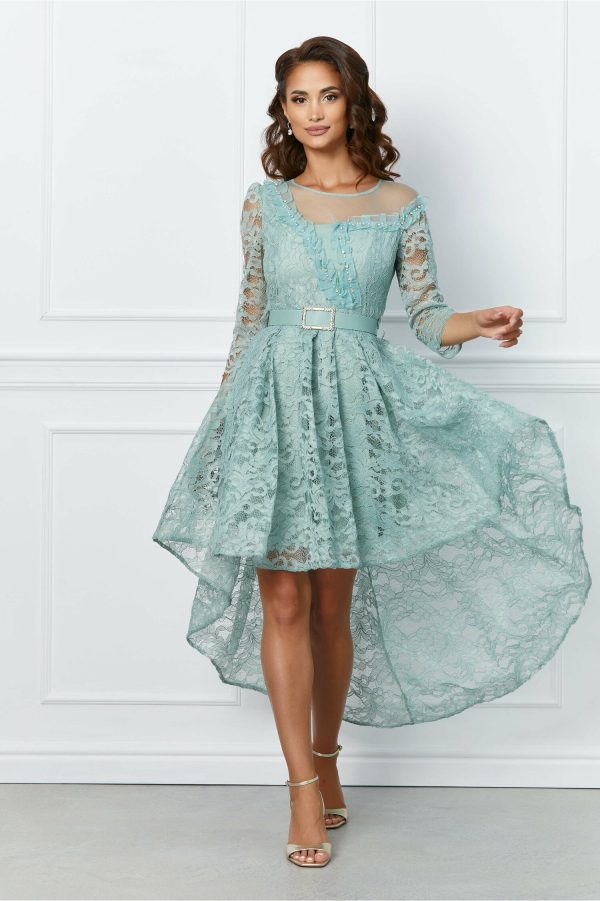 Rochie Mira verde mint din dantela cu trena