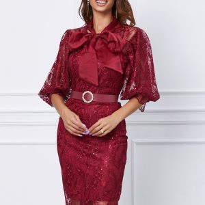 Rochie Miriam bordo din dantela cu guler tip esarfa