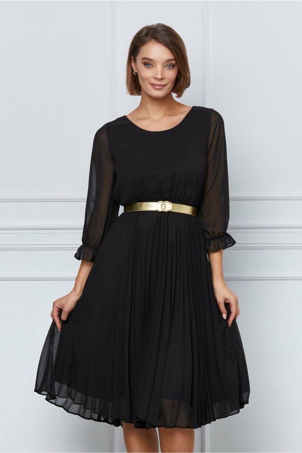 Rochie Miriam neagra cu fusta plisata si curea in talie