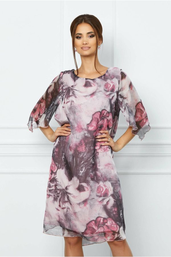 Rochie Miriam roz cu imprimeuri gri
