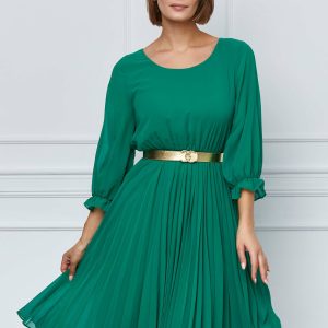 Rochie Miriam verde cu fusta plisata si curea in talie