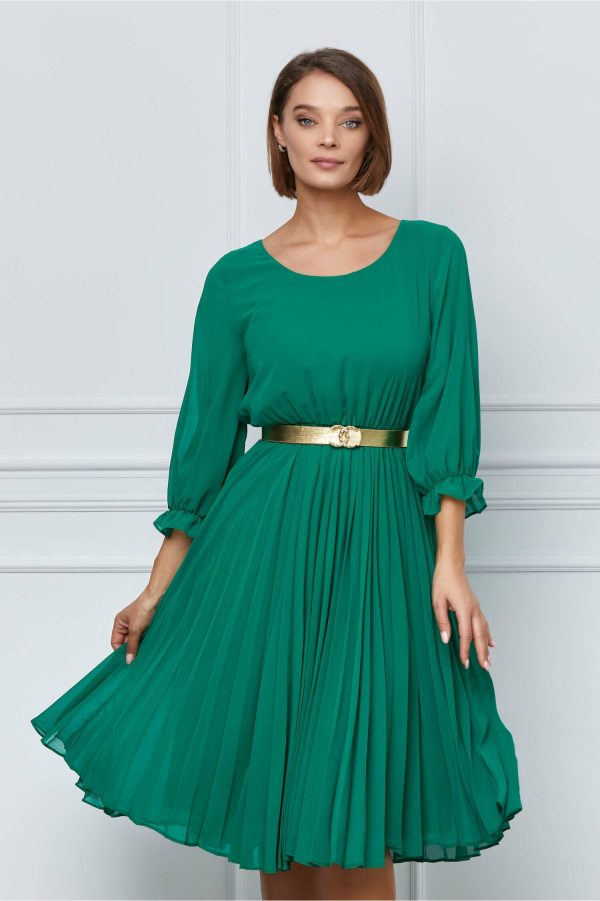 Rochie Miriam verde cu fusta plisata si curea in talie