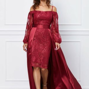 Rochie Miruna bordo din dantela cu trena satinata