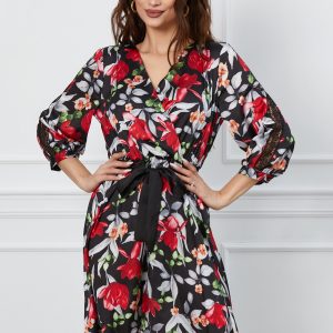 Rochie Monica neagra cu imprimeu floral si cordon in talie