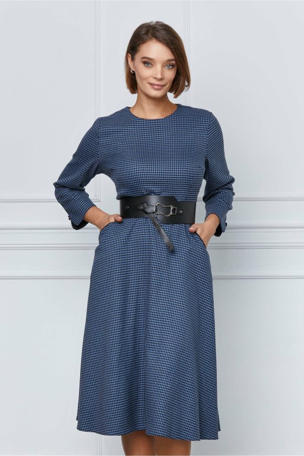 Rochie Morena albastra cu imprimeu picior de cocos si centura in talie