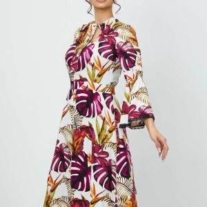 Rochie Moze alba cu imprimeuri florale fucsia