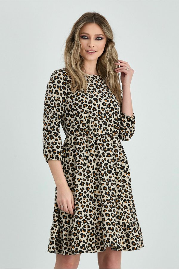 Rochie Moze beige cu imprimeu animal print negru