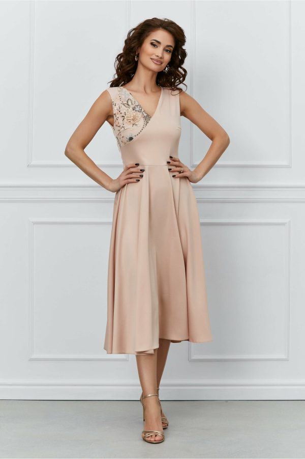 Rochie Moze beige din tafta cu broderie la bust