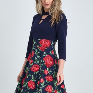 Rochie Moze bleumarin cu imprimeuri florale rosii pe fusta