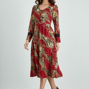 Rochie Moze bordo cu imprimeu divers si dantela la maneci