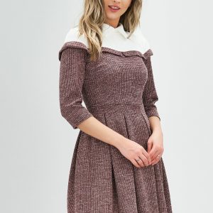 Rochie Moze bordo cu imprimeu pepit si guler alb