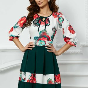 Rochie Moze cu imprimeu floral pe bust si fusta verde