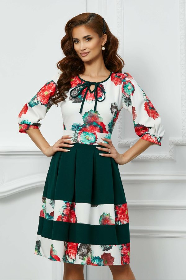 Rochie Moze cu imprimeu floral pe bust si fusta verde