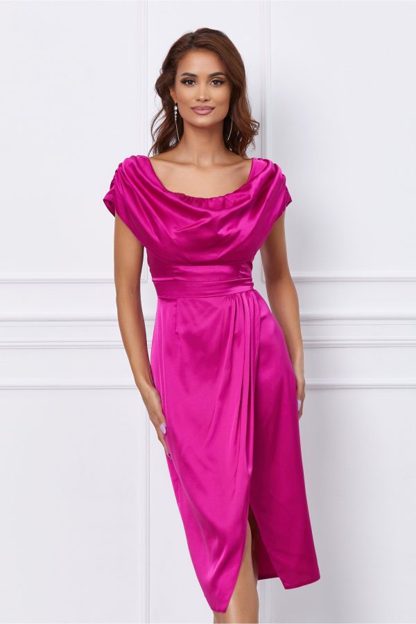Rochie Moze fucsia cu guler lasat si fusta petrecuta