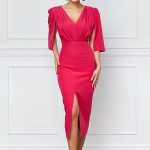 rochie-moze-fucsia-cu-pliuri-pe-bust-si-maneci-despicate-1077870-866841-4.jpeg Rochie Moze fucsia cu pliuri pe bust si maneci despicate