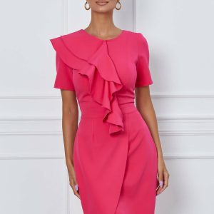 Rochie Moze fucsia cu volan pe bust si fusta petrecuta