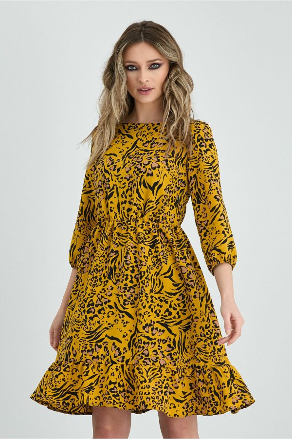 Rochie Moze galbena cu imprimeu negru