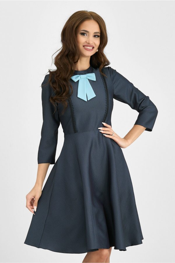 Rochie Moze gri cu funda bleu la guler