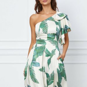 Rochie Moze ivory cu frunze verzi