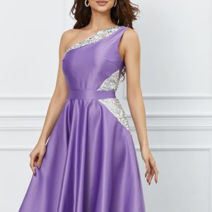 Rochie Moze lila accesorizata cu paiete in talie si la decolteu