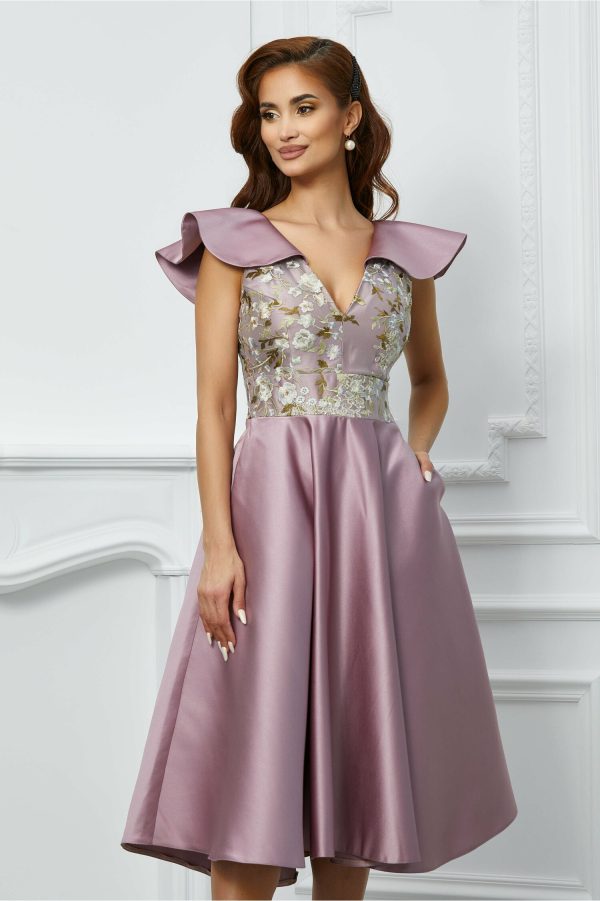 Rochie Moze lila cu broderie florala pe bust