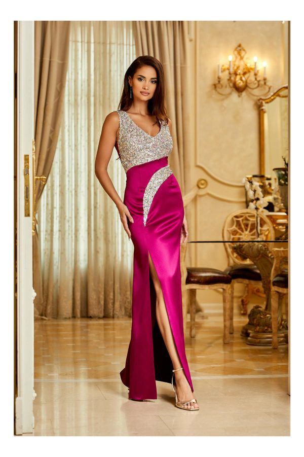 Rochie Moze lunga magenta cu paiete la bust