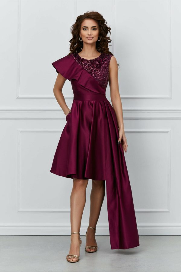 Rochie Moze magenta din tafta cu paiete si volan la bust