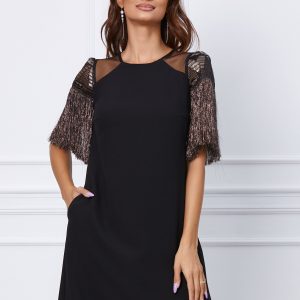 Rochie Moze neagra cu franjuri la maneci