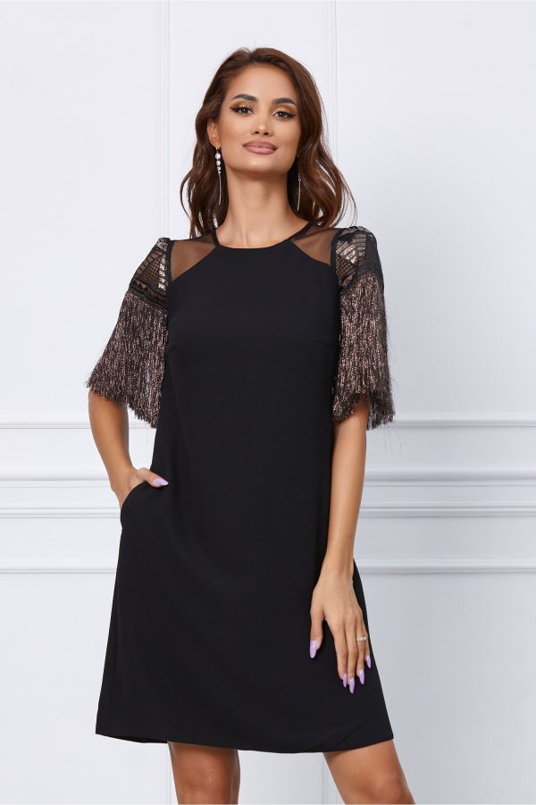 Rochie Moze neagra cu franjuri la maneci