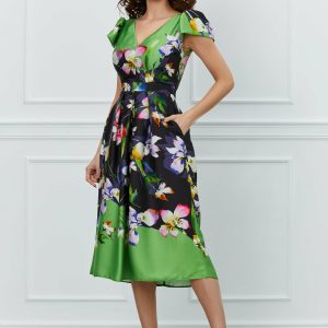 Rochie Moze neagra cu imprimeu floral verde