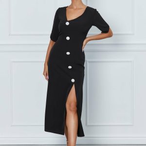 Rochie Moze neagra cu nasturi accesorizati cu perle