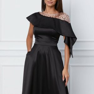 Rochie Moze neagra cu paiete aurii si volan la bust