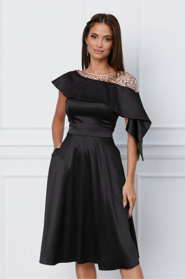 Rochie Moze neagra cu paiete aurii si volan la bust