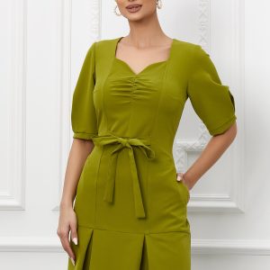 Rochie Moze olive cu funda in talie si pliuri la baza