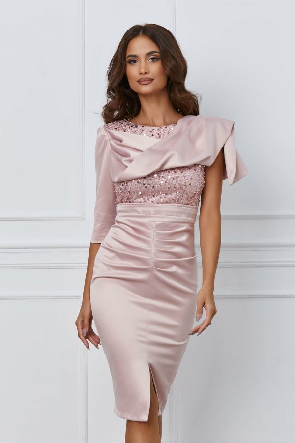 Rochie Moze roz cu paiete si aplicatie la bust