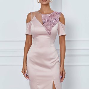 Rochie Moze roz cu tulle si broderie la bust