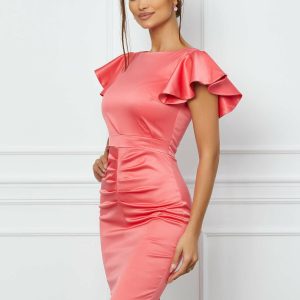 Rochie Moze roz piersica cu fronseu pe fusta si maneci tip volane