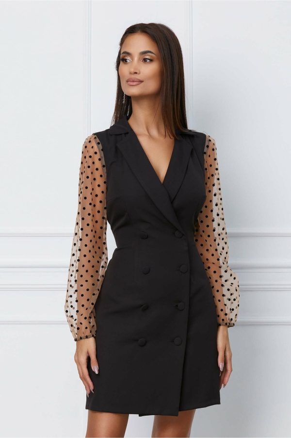 Rochie Moze tip sacou cu maneci din tull cu buline catifelate