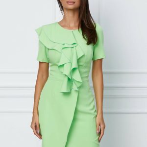 Rochie Moze verde crud cu volan pe bust si fusta petrecuta