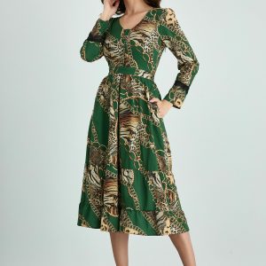 Rochie Moze verde cu imprimeu divers si dantela la maneci
