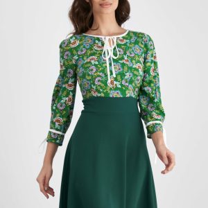 Rochie Moze verde cu imprimeu floral la bust