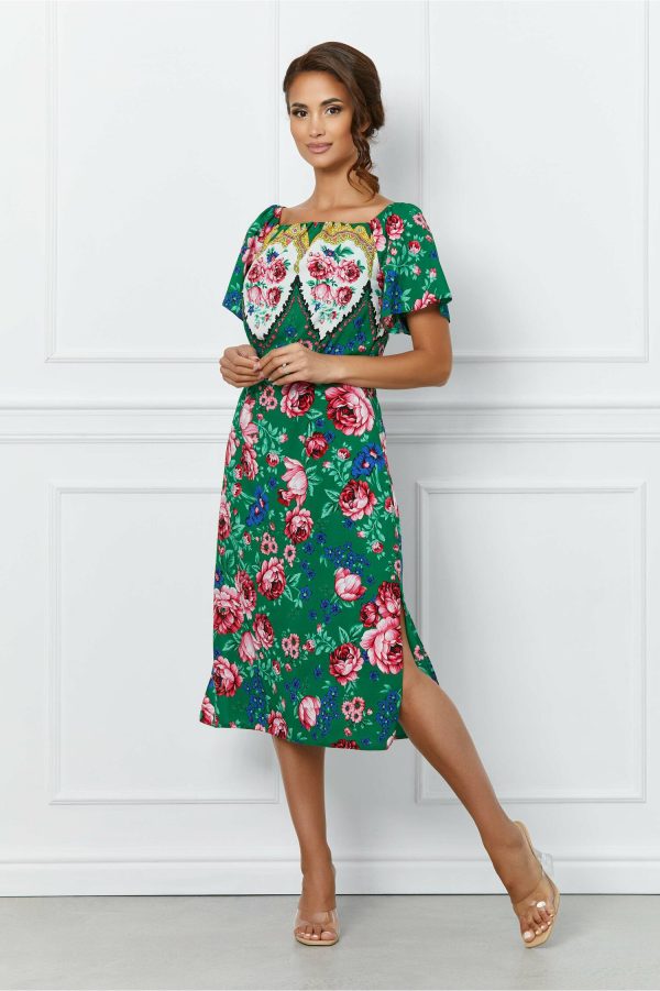Rochie Moze verde cu imprimeuri florale roz