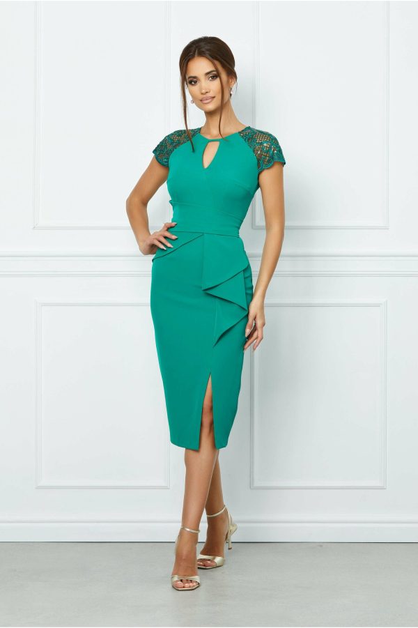 Rochie Moze verde cu maneci din dantela si volan pe fusta