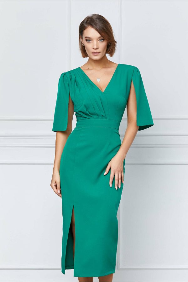 Rochie Moze verde cu pliuri pe bust si crepeu pe fusta