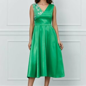 Rochie Moze verde din tafta cu broderie la bust
